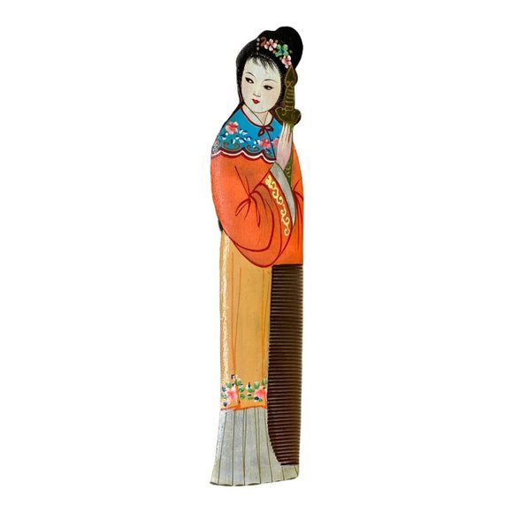 Vintage Gong Shu Ming Style Hand Painted Geisha Wooden Comb - Picture 1 of 6